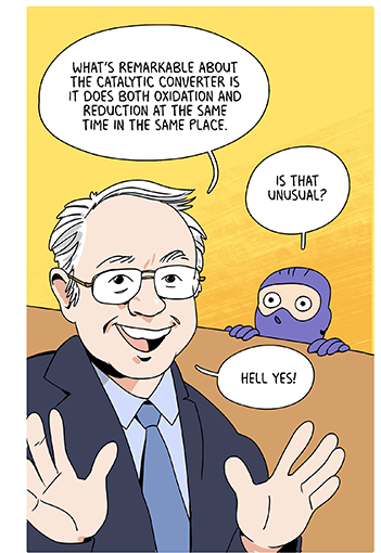 Illustration: Chemical engineer Bruce Gates is speaking, saying, “What’s remarkable about the catalytic converter is it does both oxidation and reduction at the same time in the same place.” Thief in balaclava mask peeks from behind and asks, “Is that unusual?” Then Gates replies, “Hell yes!”