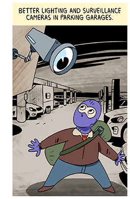 Text: Better lighting and surveillance cameras in parking garages. Illustration: Thief in purple, balaclava mask, brown jacket, blue pants and purples gloves stops in front of security camera in open-air parking lot at nighttime. 