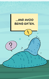Text: …and avoid being eaten. Illustration: Another tube organism latches onto a larger one, but is unable to swallow it up.