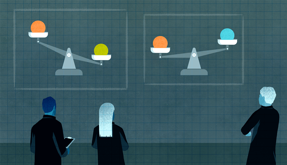 Illustration shows scientists evaluating three different scales that compare the weight of orange, yellow and blue balls, each representing a type of neutrino.