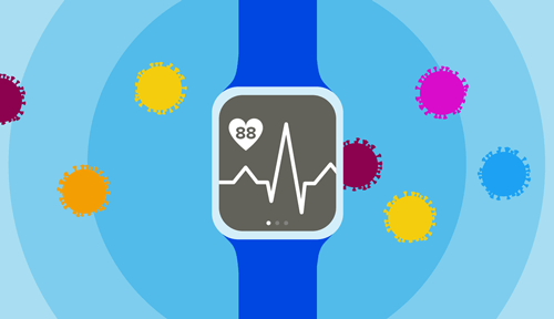 Animated illustration shows a wristwatch-style fitness tracker that monitors heart rate amid coronavirus particles.