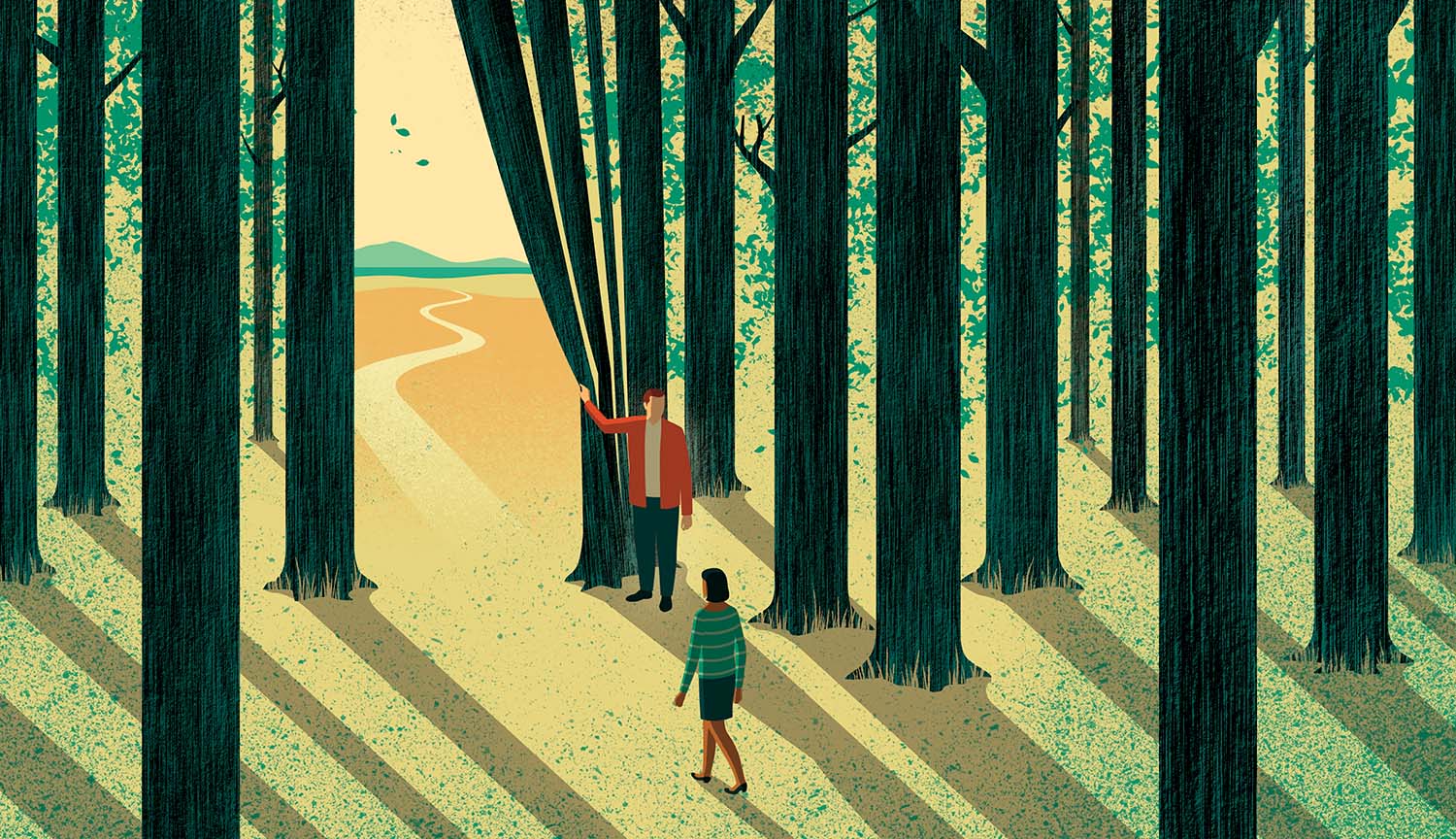 Illustration of a guide pulling back a veil of trees, showing the path ahead, as another person walks through a forest.