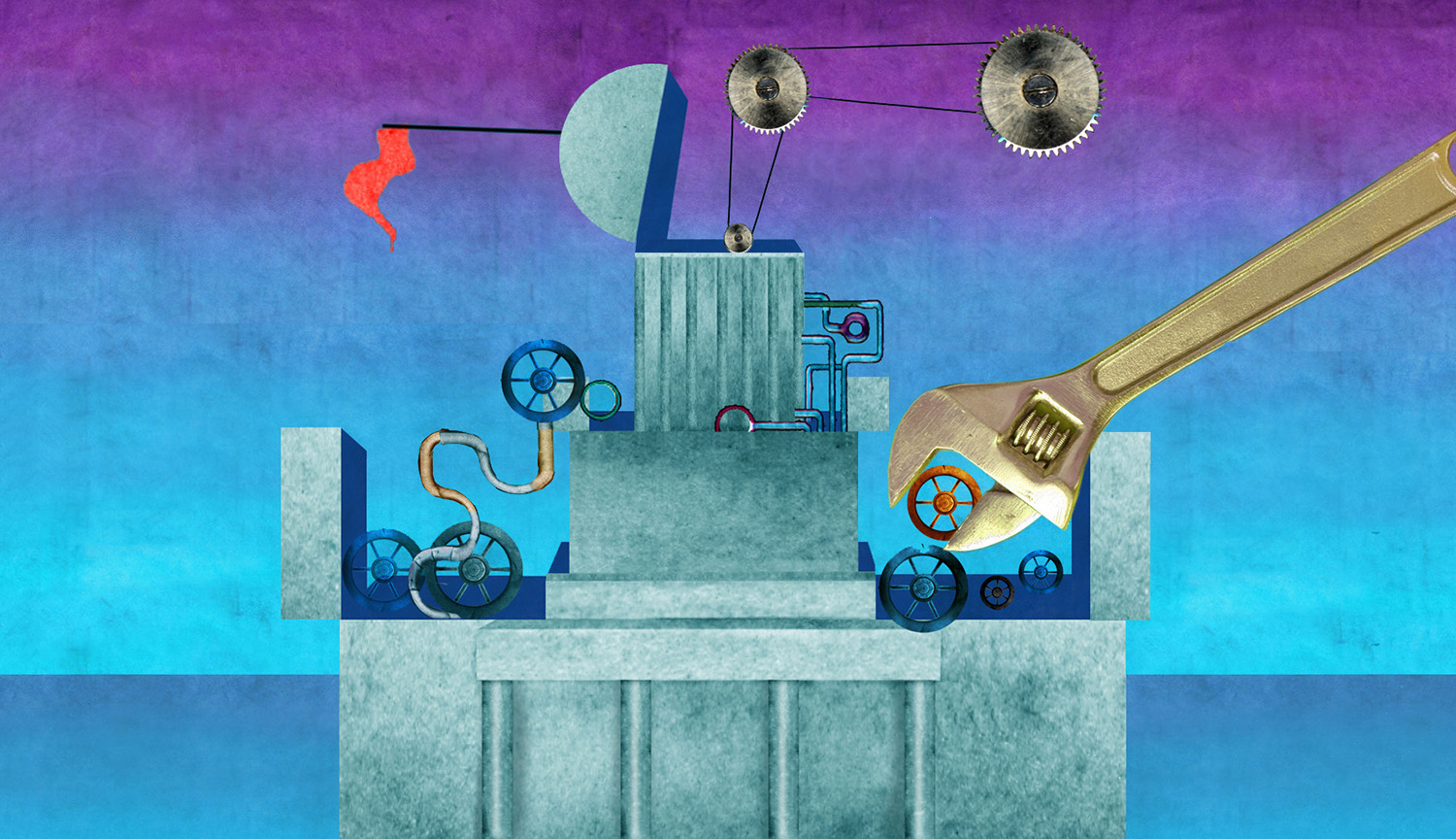 Conceptual art shows a government building opening up to show gears, a wrench and mechanical systems at work under the roof.