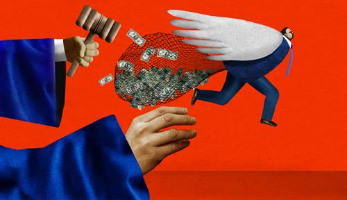 Illustration shows the reach of the law grasping for a white-collar criminal escaping with a net full of cash.