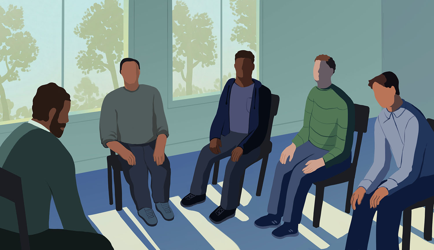 Illustration of men sitting in a room in a circle.