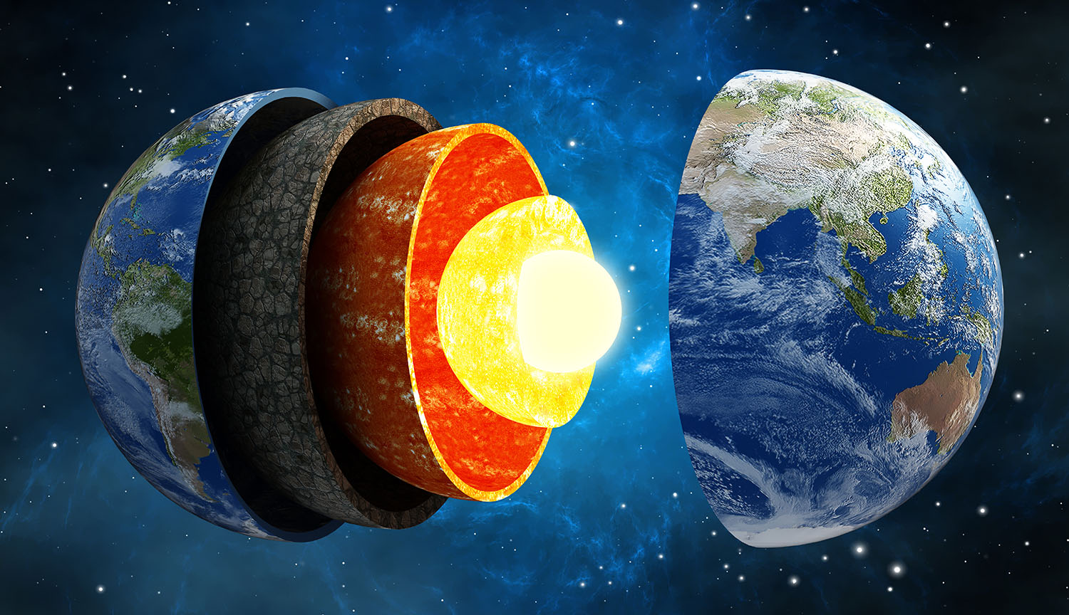 Image of the Earth de-stacked, like a Russian doll, showing its different layers: crust, mantle and outer and inner cores. 
