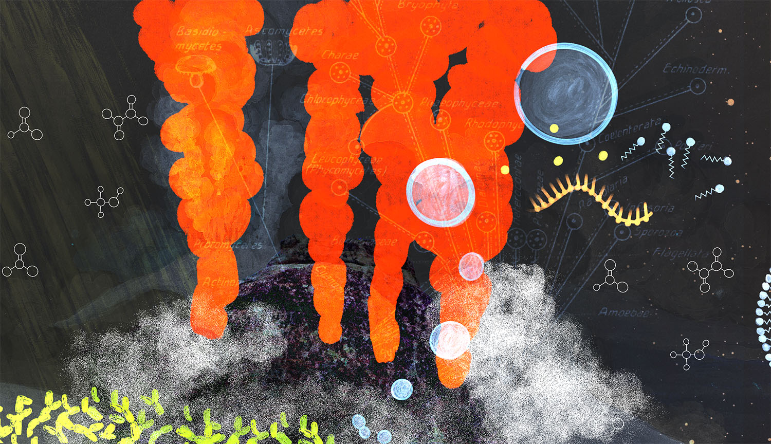 Conceptual illustration shows a dark, hot hydrothermal vent at the bottom of the ocean, plus the genesis of small organic chemicals and primitive cells. 