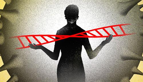 Conceptual illustration showing a human figure standing in front of a large image of a virus. The figure is holding a piece of DNA.