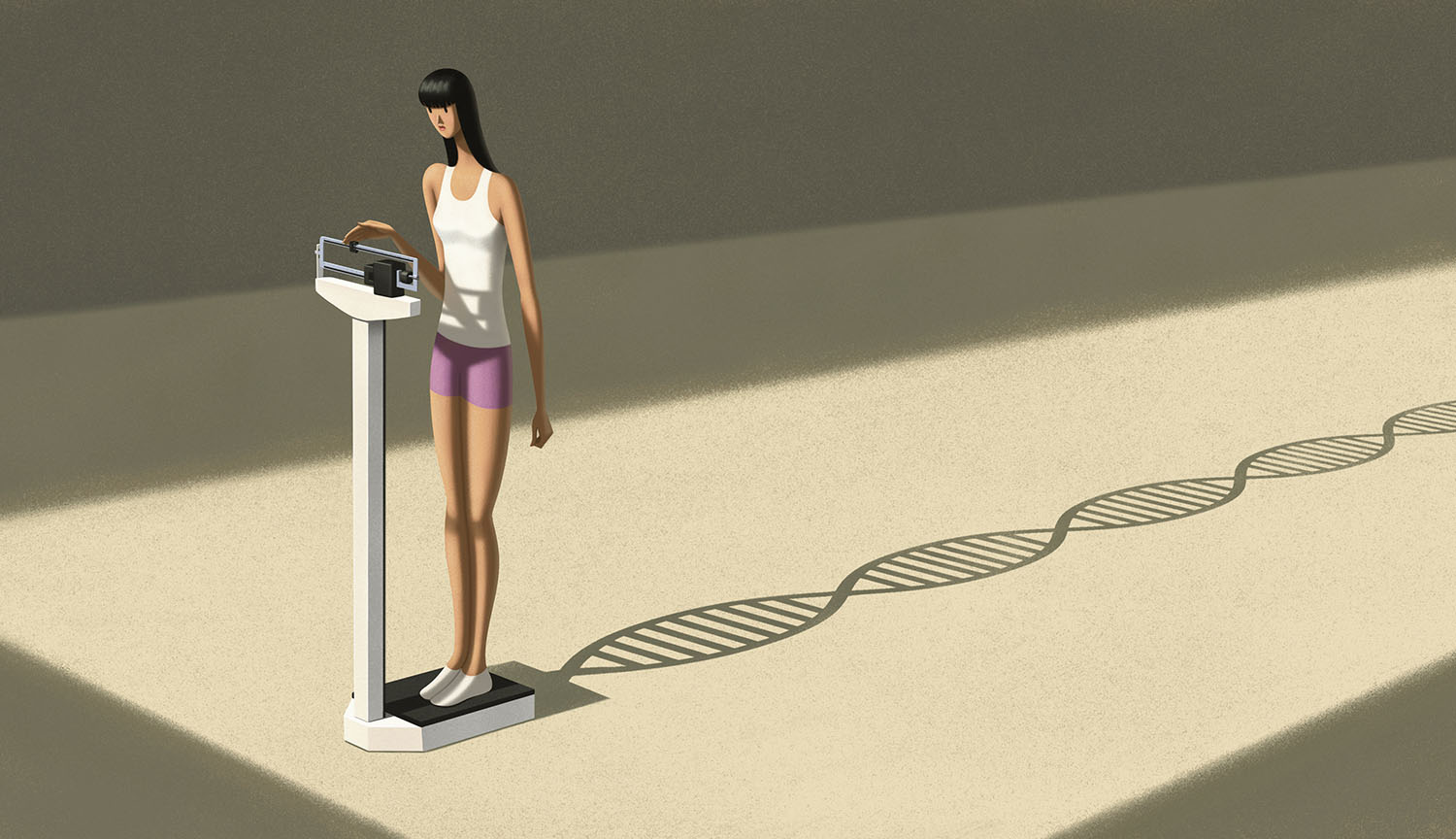 Illustration of someone standing on some scales with a shadow cast behind her. The shadow takes on the shape of a double helix.