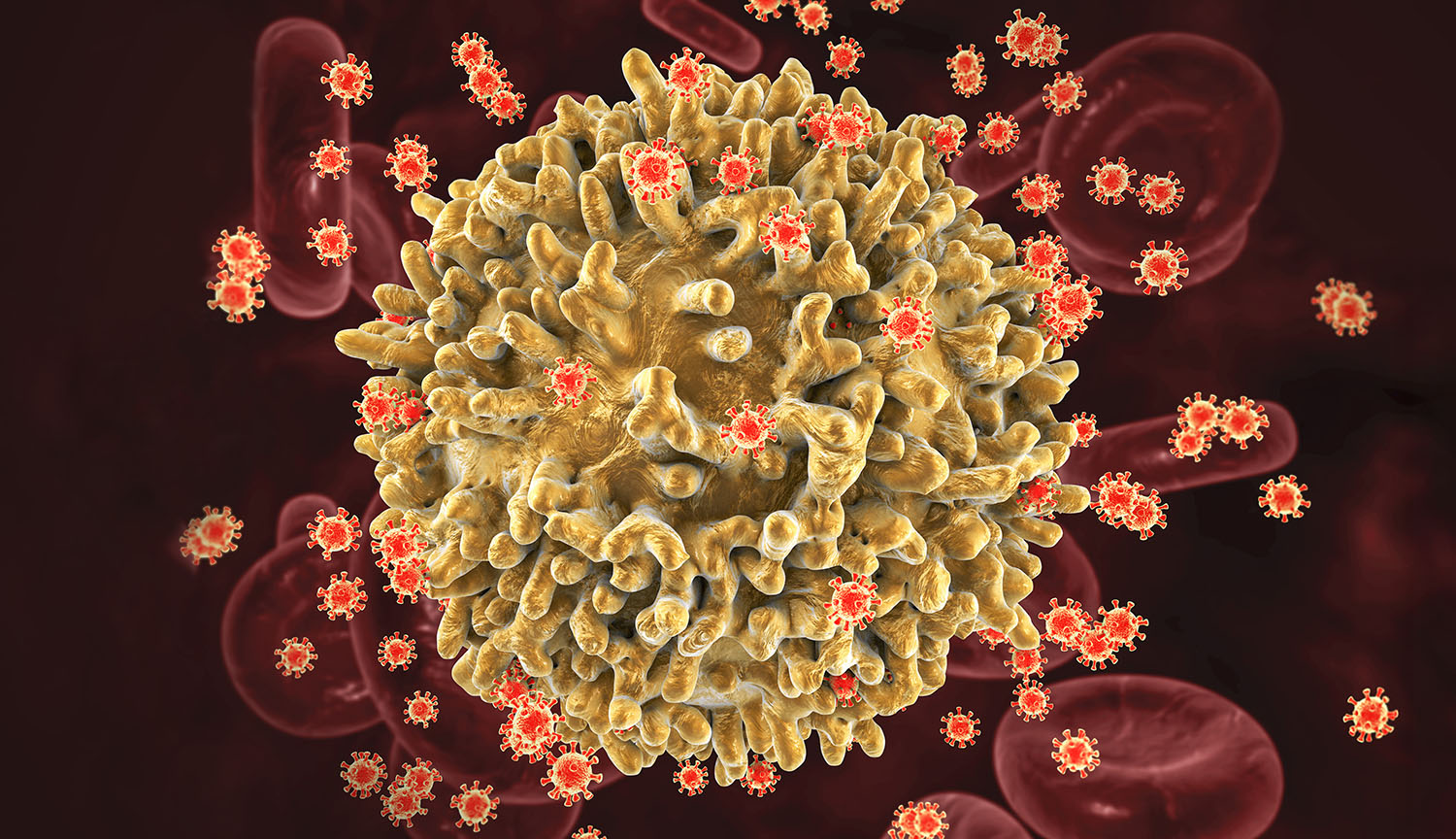 Digital illustration shows a yellow, crinkly cell with many red-orange particles emanating from it.