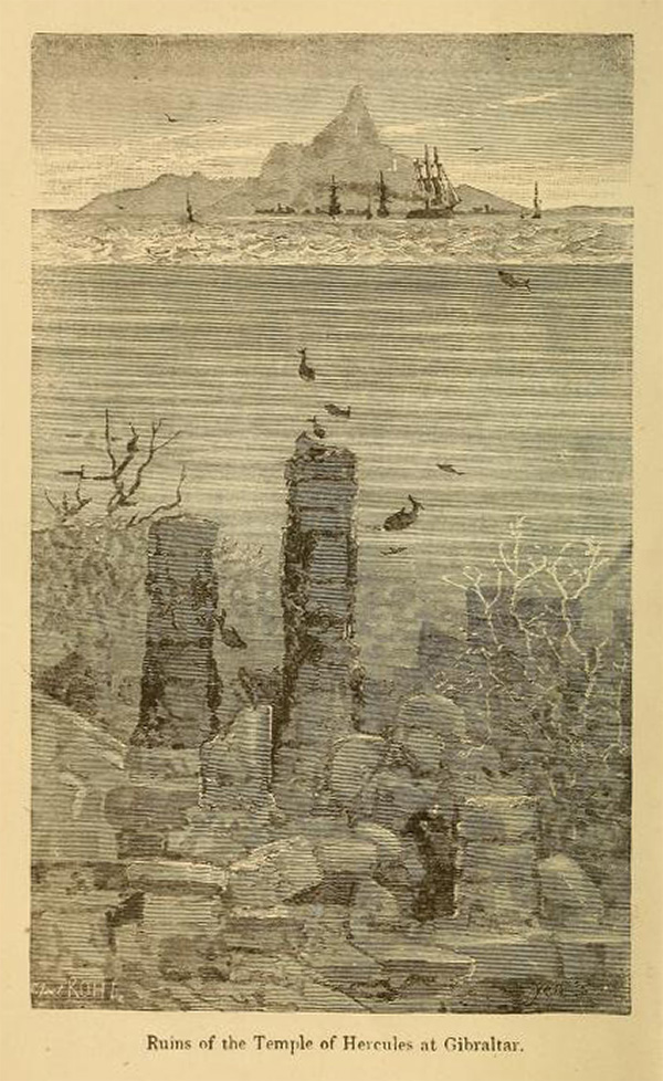 Line drawing of underwater pillars amid temple ruins; the rock of Gibraltar in the background.