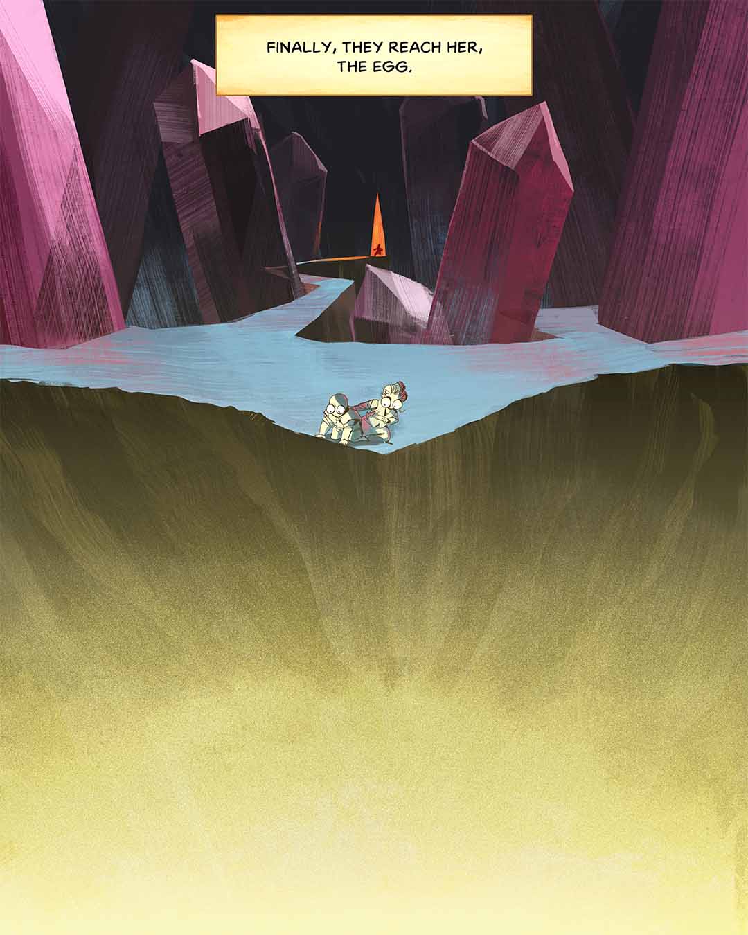 Finally, they reach her, the egg. Illustration: Two sperm characters peer over the glowing edge of a cliff, with crystal-like structures in the background.