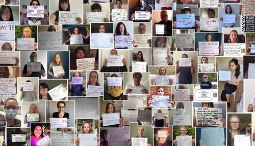A collage of photos of people with long Covid holding signs saying how long they’ve had it and what their symptoms are. “Please hear our SOS” appears in large letters at the bottom of the collage
