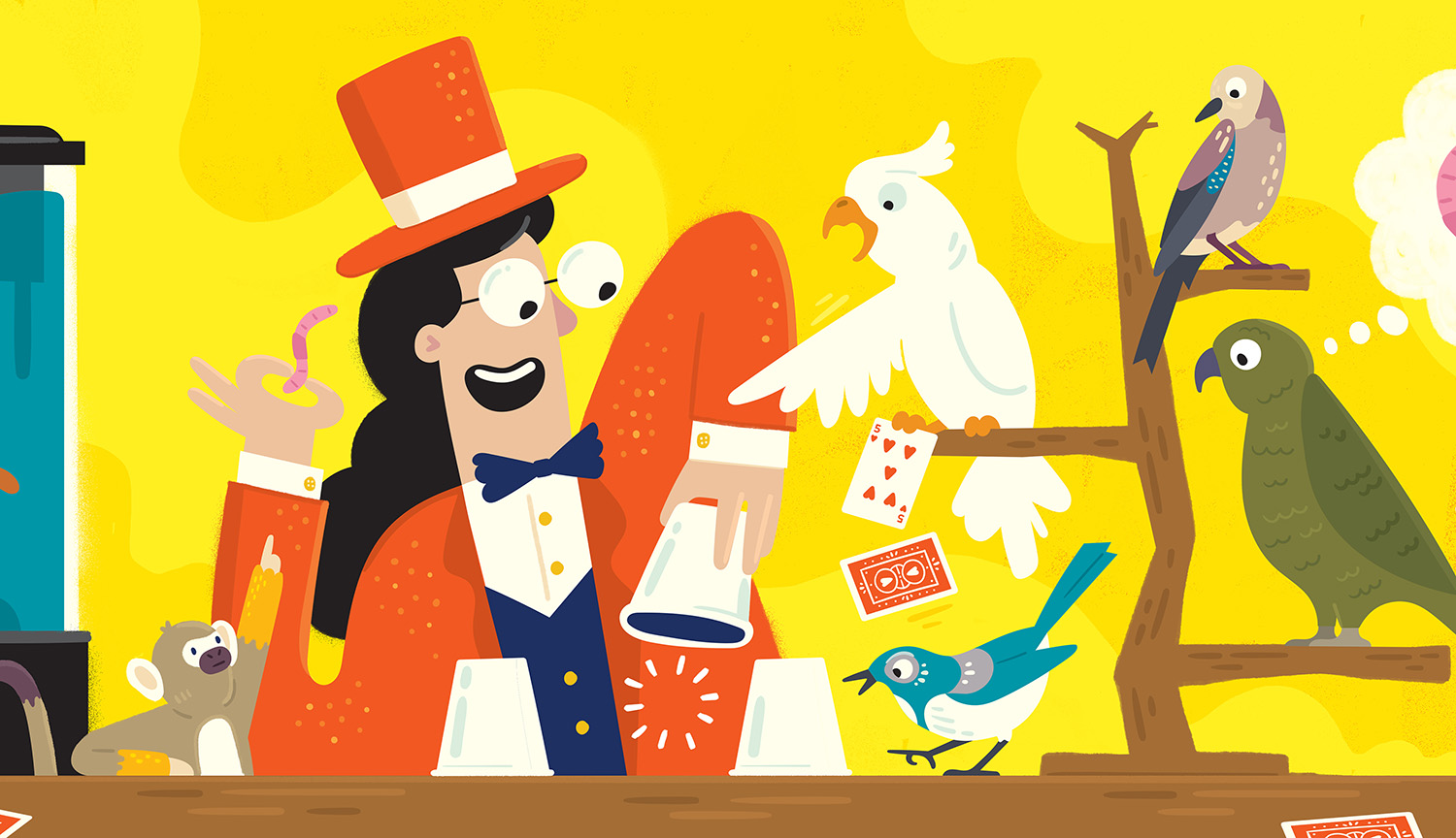 Cartoon drawing of a magician in red suit and top hat performing shell game for several birds, two monkeys and a cuttlefish. 