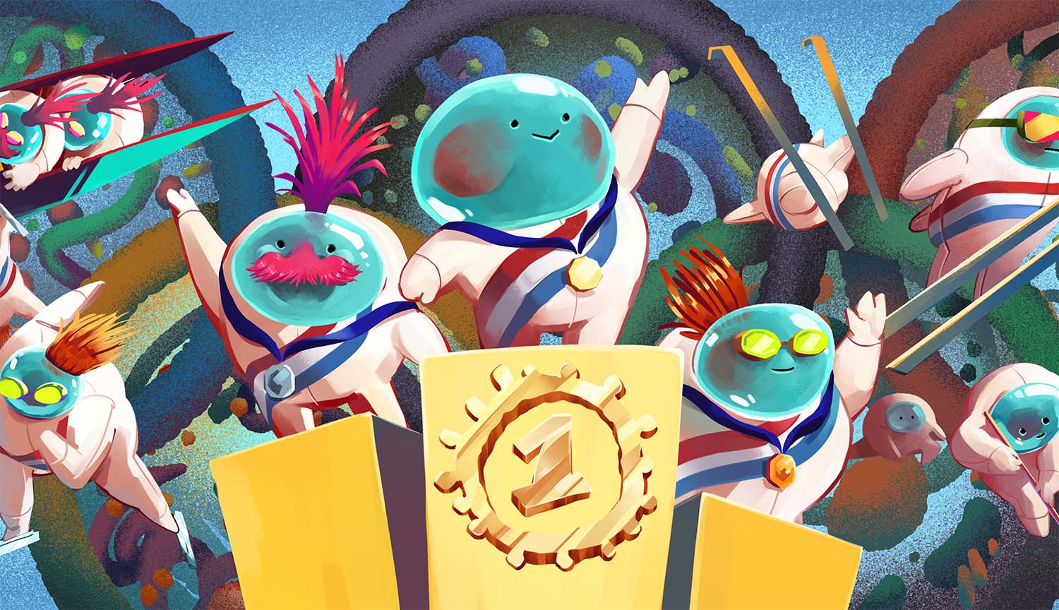 Cartoon microbes on a winner’s podium are surrounded by others participating in various winter sports.