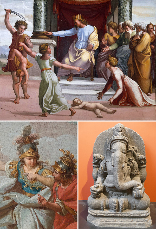 As described in the caption, two paintings and a statue depict events and individuals associated with wisdom.