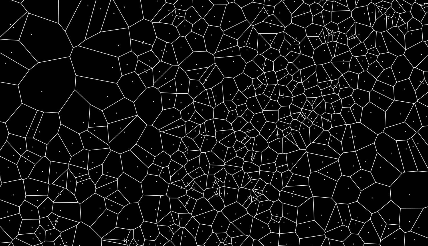 Animation shows a black-and-white voronoi diagram growing from points within a plane. Each “seed” gives rise to a cell, based on uniform outward growth from the initial point. The cells create a tessellation pattern over the entire plane. 
