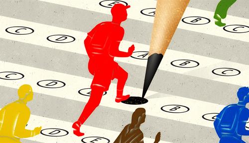 Illustration shows students running on a multiple-choice answer form as a giant pencil looms above