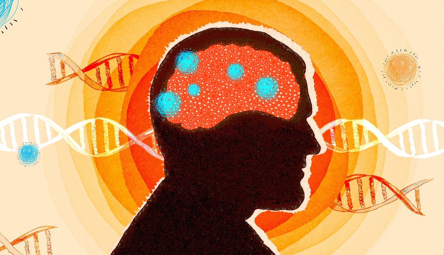 An illustration shows a silhouette of a man’s head with the brain highlighted, with viruses and DNA strands around the figure.
