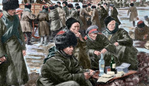 A colored engraving by French artist Louis Rémy Sabattier shows prisoners and Russian troops marching on the road of Dalny. In the foreground, some Russian soldiers are seated around a makeshift table with bottles of booze. A nearby soldier looks on, clutching a bottle.