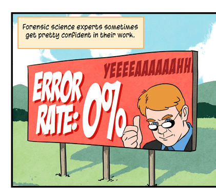 Text: Forensic science experts sometimes get pretty confident in their work. Maybe too confident. Illustration: Green landscape with large billboard, showing male investigator in eyeglasses giving thumbs-up signal, and the words “Error rate: 0%” and “Yeeeeaaaaaah”; plane flies in sky pulling banner that reads “100% confidence”; and trash can filled with garbage including report card that reads “fingerprints, 5% errors; hair analysis, 11% errors; bite marks, 25% errors” and note that reads “estimates vary.”