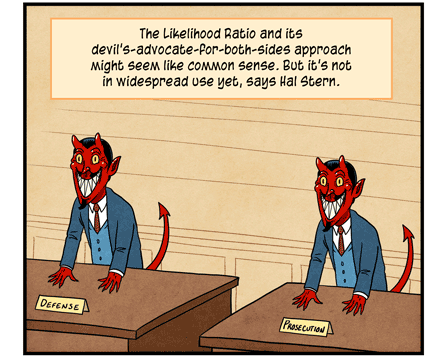 Text: The Likelihood Ratio and its devil’s-advocate-for-both-sides approach might seem like common sense. But it’s not in widespread use yet, says Hal Stern. Illustration: Two identical lawyers in blue three-piece suits, red ties and red devil’s masks, with red hands and pointy red tail, stand behind side-by-side tables — one labeled “Defense,” the other “Prosecution.”