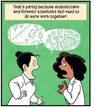 Text: That’s partly because statisticians and forensic scientists still need to do more work together. Illustration: Two scientists in white lab coats face each other, speaking. Their word bubbles show scientific formulas and symbols. 