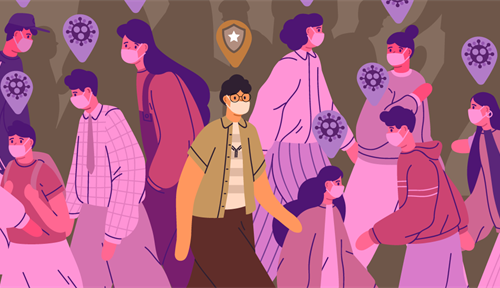 Illustration of a bunch of people walking around in a crowd. Most of them are thinking about the virus, as indicated by little think bubbles with images of the virus within them. But one person’s think bubble has a shield and a special star on it.