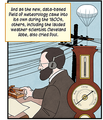 Text: And as the new, data-based field of meteorology came into its own during the 1800s, others, including the lauded weather scientist Cleveland Abbe, also cried foul. Illustration: Collage showing bearded man wearing suit and earphones, seated at desk with finger on telegraph sounder; utility pole with multiple wires; barometer.