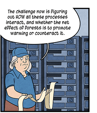 Illustration: Benjamin Franklin wearing blue ballcap, blue shirt and brown pants, reading ticker-tape output by computer. He is saying, “The challenge now is figuring out how all these processes interact, and whether the net effect of forests is to promote warming or counteract it.”