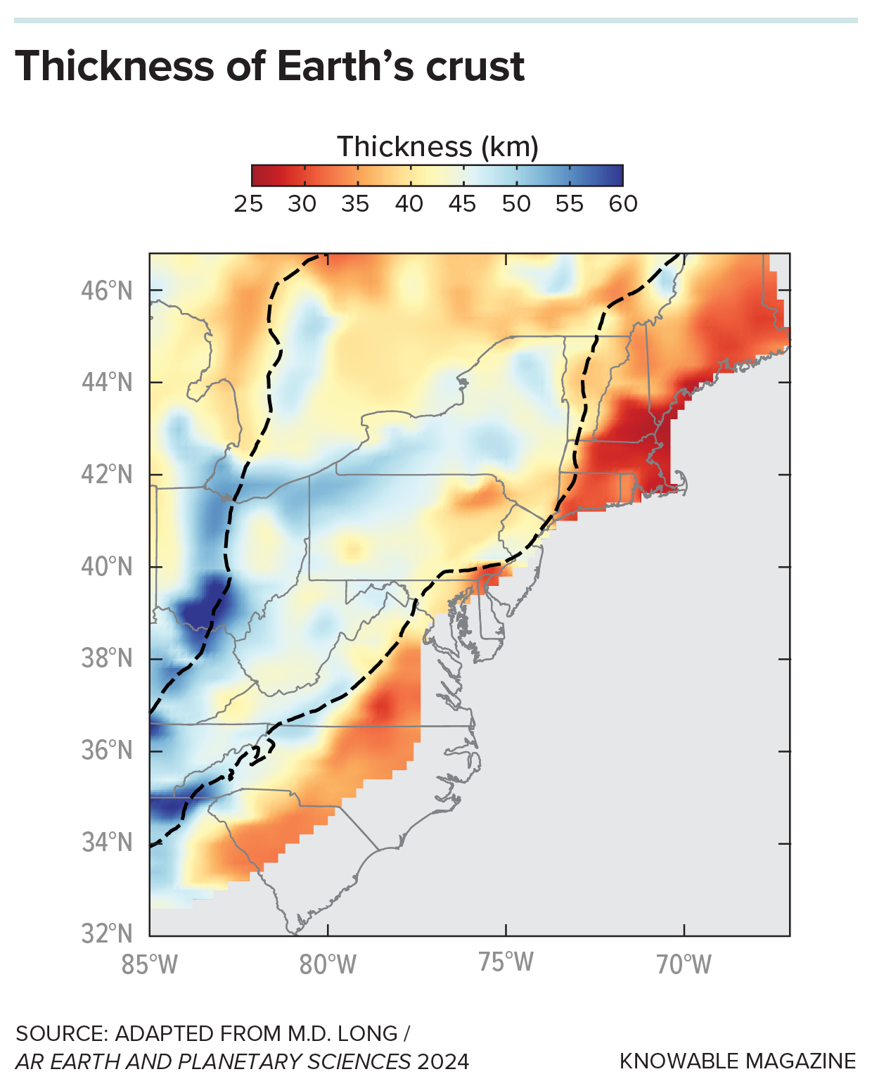 Map of the east coast of the United States with colors superimposed on it. These indicate how thick the crust is in one region to the next. There is a lot of variation.