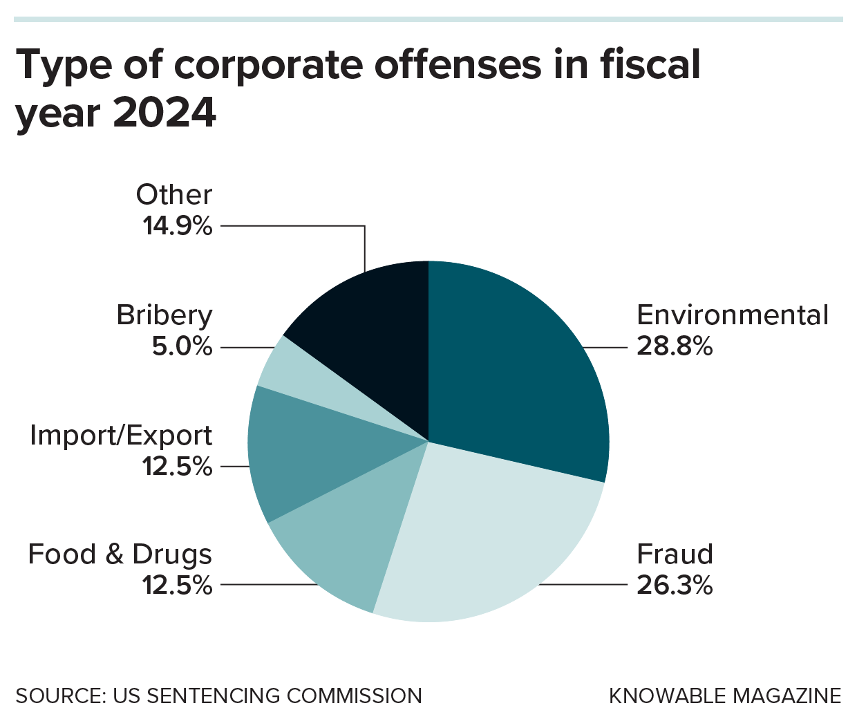 Pie chart shows the percentages of kinds of corporate crimes prosecuted in 2024.