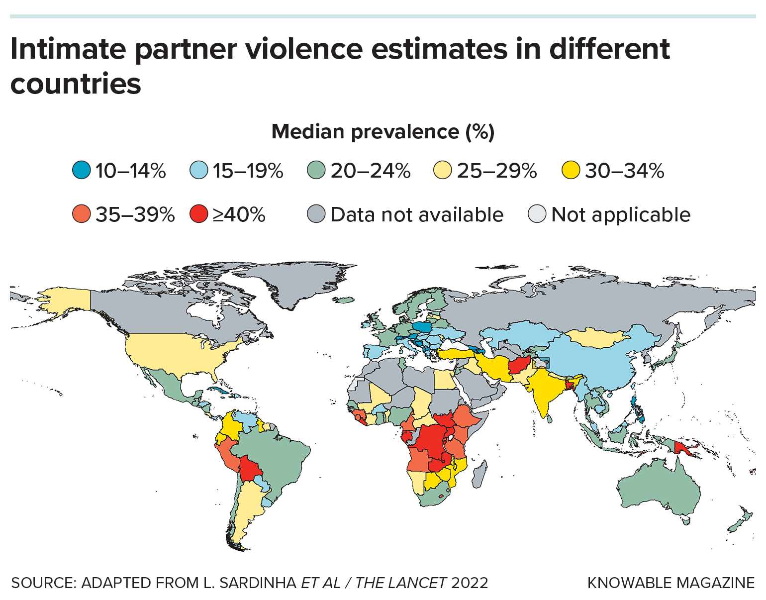 A map of the world shows estimated prevalence of intimate partner violence against women in different countries.