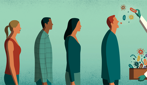 Illustration shows people standing in line to receive a dose of infectious microbes from a researcher wearing a white lab coat, gloves and a face mask.