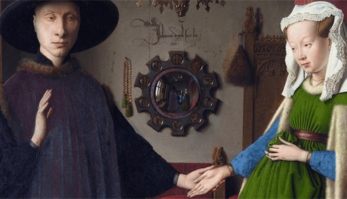 Image shows a married couple depicted in an oil painting by artist Jan Van Eyck painted in 1434. It is part of the National Gallery of London’s collection.