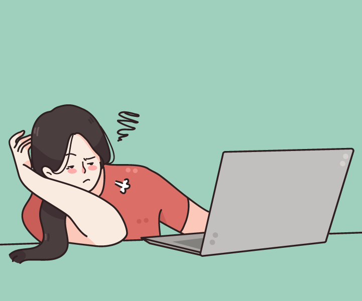 Illo of a woman looking distressed and frazzled as she sits in front of an open laptop.