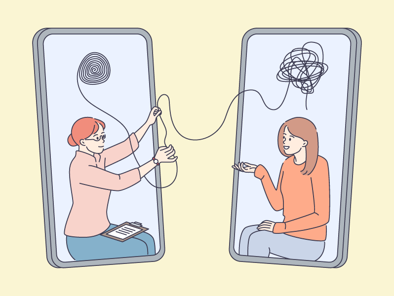An illustration of two people sitting in mobile phones connected to each other by a ball of string.