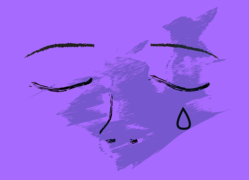 Line illustration on pale purple background shows a woman’s face with a teardrop coming from one eye.