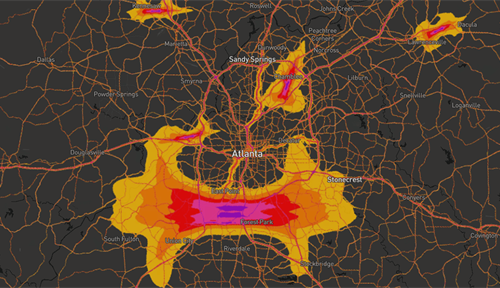 A noise map of Atlanta and the surrounding region shows a large colorized swath representing decibels, daily average noise levels go from 45 decibels to nearly 80.