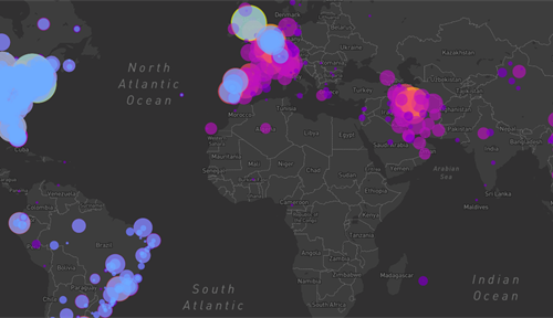 World map showing known Covid-19 cases as of March 23, 2020